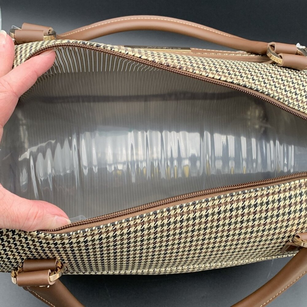 London Fog Oxford III Olive Houndstooth Carry On Duffel Bag Leather Trim 16" - Picture 7 of 8